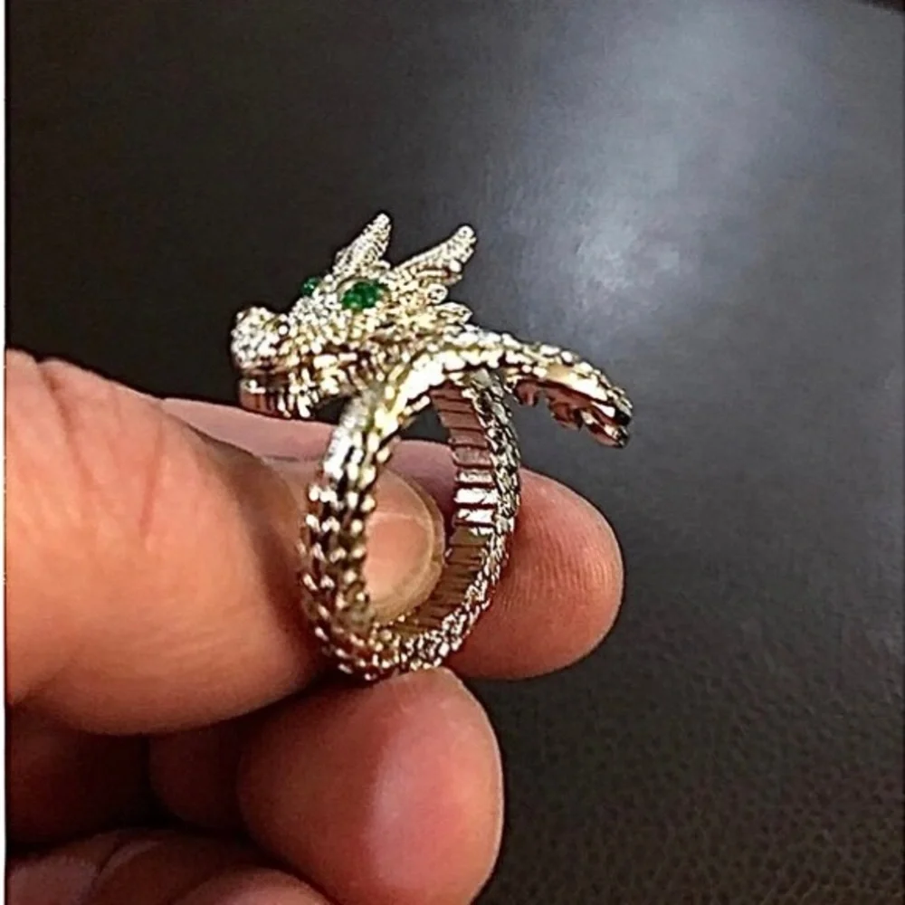 Dragon Open Ring for Men Green Eyes